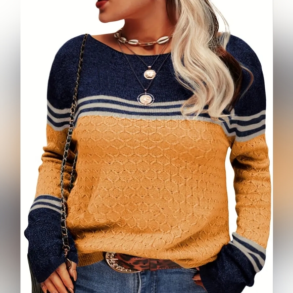 Plus Size Casual Sweater, Women's Plus Colorblock Stripe Print Long Sleeve - Picture 1 of 3